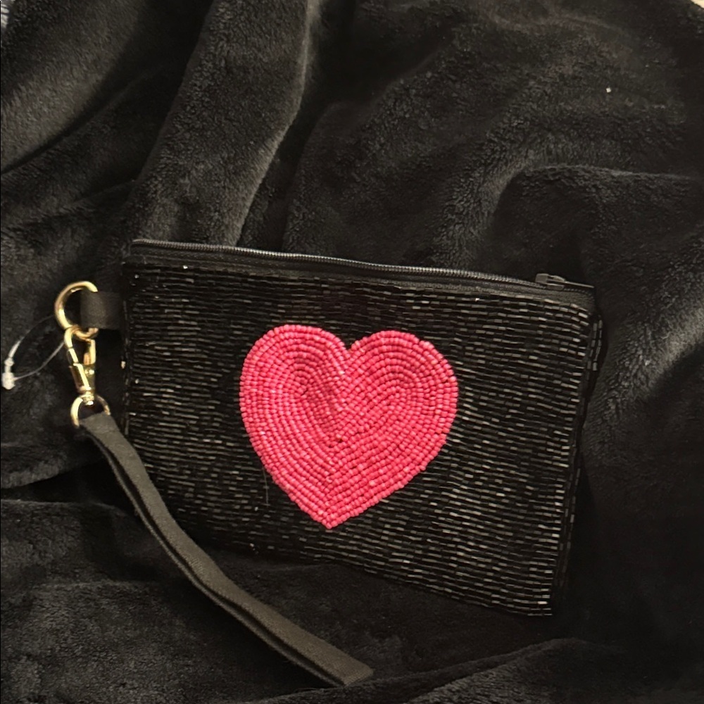 Kirkland Signature Black Sequin beaded Wristlet with Pink Heart